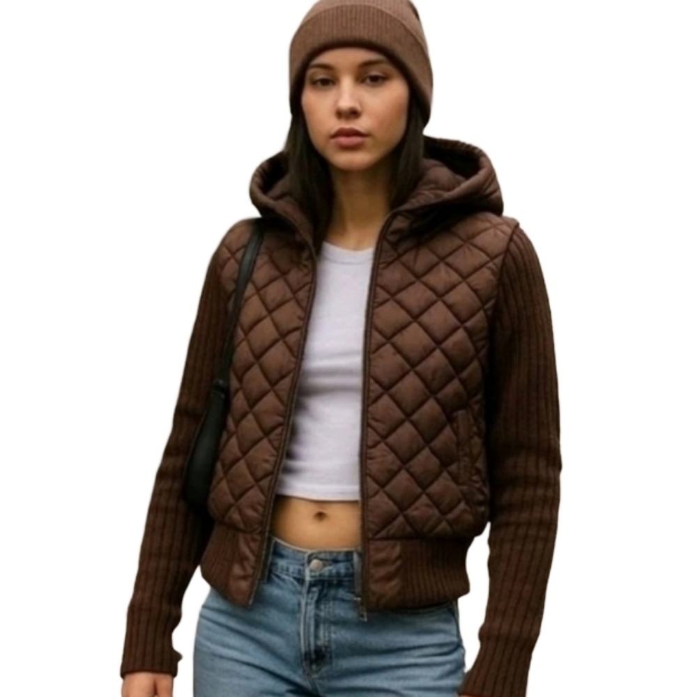 E Studio Y2K 2000's Quilted‎ Puffer Hoodie Jacket Rib Knit Sleeves Women's Large